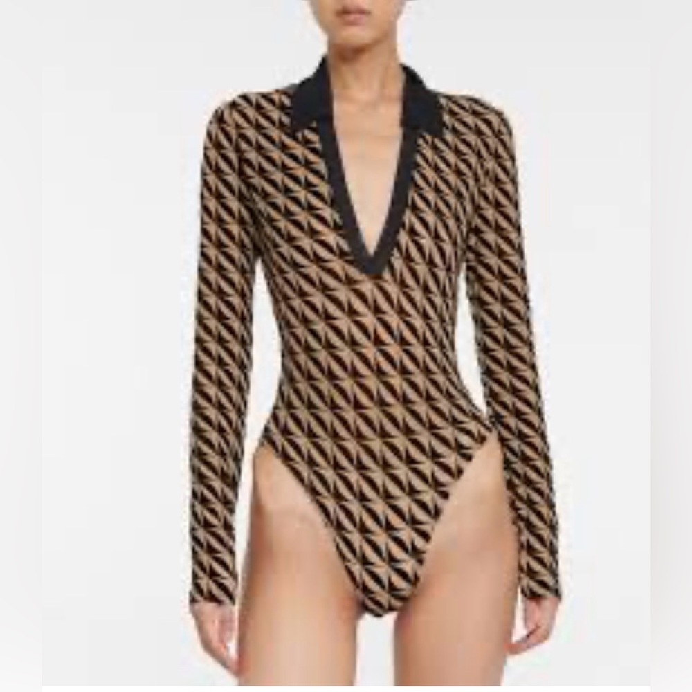 David Koma Geometric Long Sleeve Bodysuit in Black and Tan